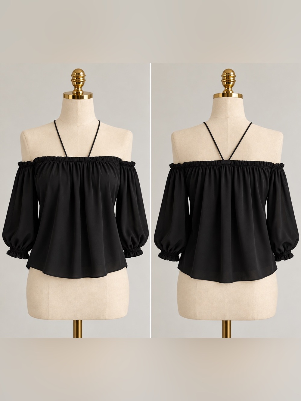 1. State Black Off-Shoulder Peasant Top with Tie Straps